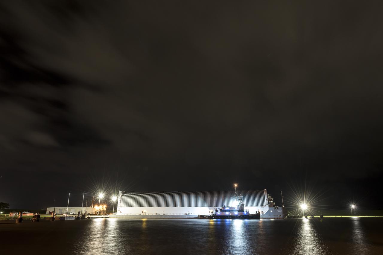 These images show NASA’s Pegasus barge at NASA’s Michoud Assembly Facility in New Orleans as it transported the Artemis I launch vehicle stage adapter (LVSA) of the agency’s Space Launch System rocket to NASA’s Kennedy Space Center in Florida. Leaving with the adapter from NASA’s Marshall Space Flight Center in Huntsville, Alabama, Pegasus made a brief stop at Michoud to offload supplies and equipment before continuing its to Kennedy. The LVSA connects the deep space rocket’s 212-foot-tall core stage to the rocket’s upper stage and will be used for Artemis I, the first in a series of increasingly complex missions to the Moon through NASA’s Artemis program. Once at Kennedy, the LVSA will undergo Artemis I launch preparations. Only the SLS core stage, currently in final testing at NASA’s Stennis Space Center near Bay St. Louis, Mississippi, remains to be shipped to Kennedy on Pegasus. The core stage is produced at Michoud. Together with four RS-25 engines, the rocket’s massive 212-foot-tall core stage — the largest stage NASA has ever built — and its twin solid rocket boosters produce 8.8 million pounds of thrust to send NASA’s Orion spacecraft, astronauts and supplies beyond Earth’s orbit to the Moon. Offering more payload mass, volume capacity and energy to speed missions through space, the SLS rocket, along with NASA’s Gateway in lunar orbit, the Human Landing System and Orion, is part of NASA’s backbone for deep space exploration and the Artemis lunar program. No other rocket is capable of carrying astronauts in Orion around the Moon in a single mission.